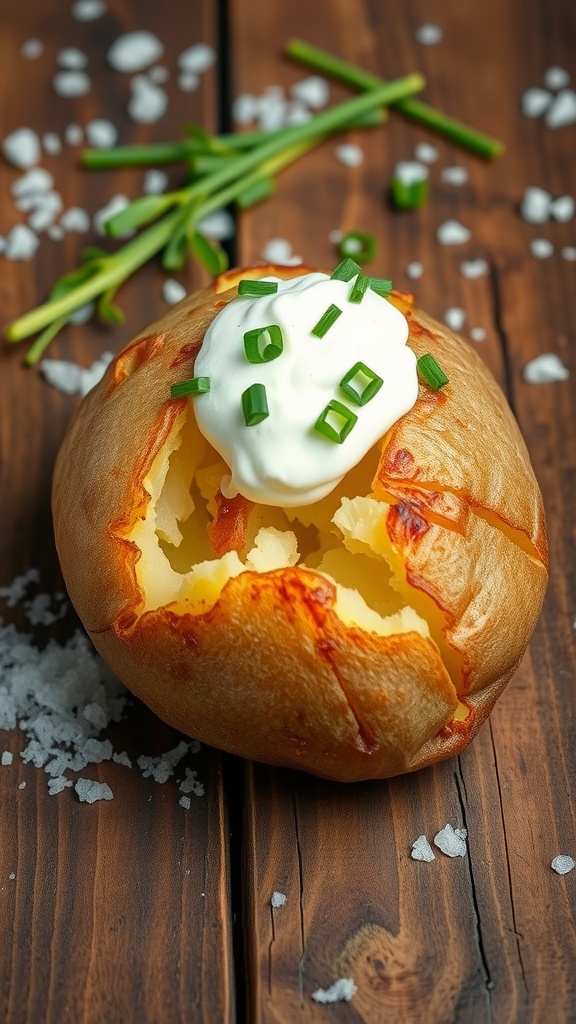A baked potato topped with Greek yogurt and chives on a rustic wooden table.